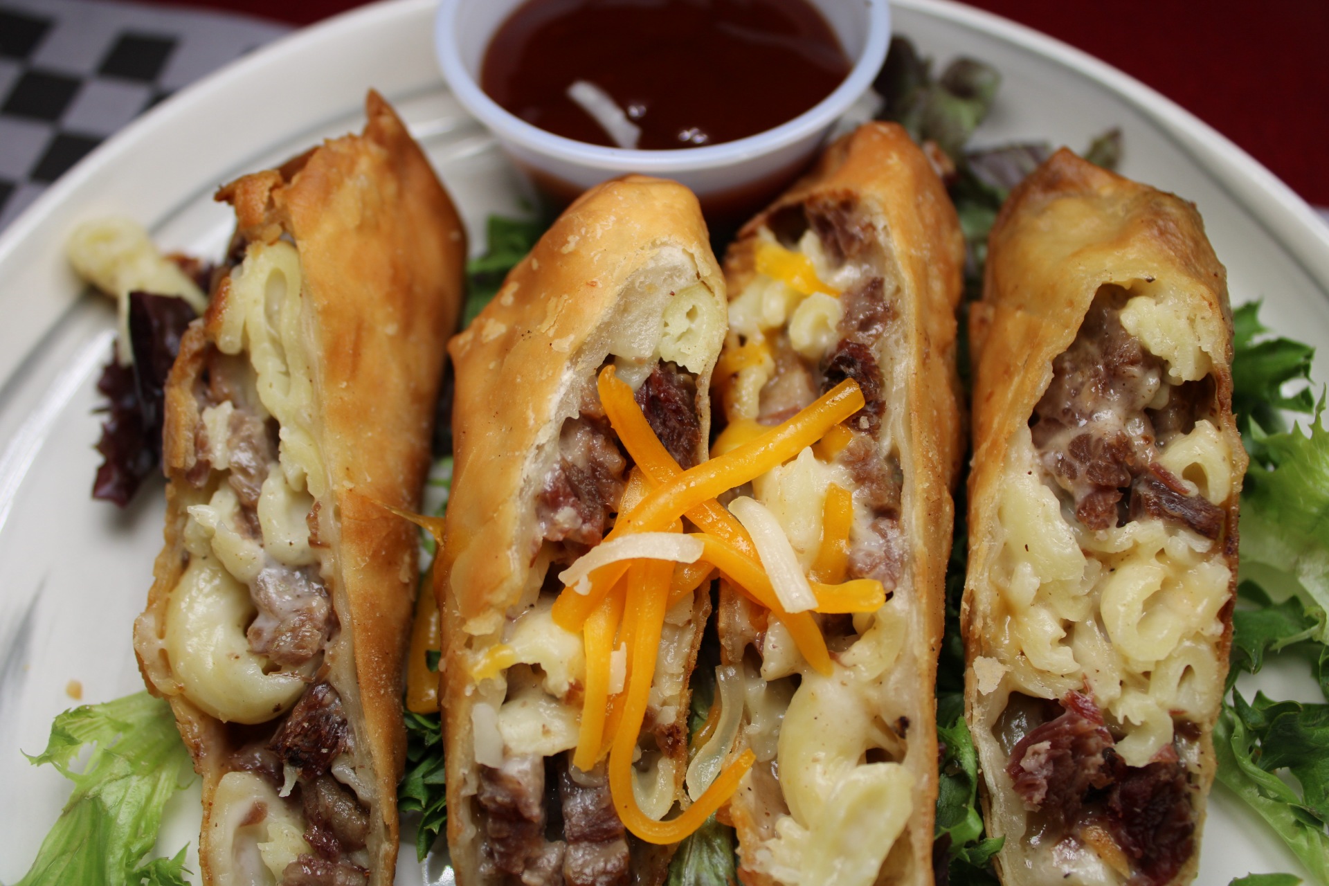 Brisket Mac Eggrolls at Blazin’ Soy