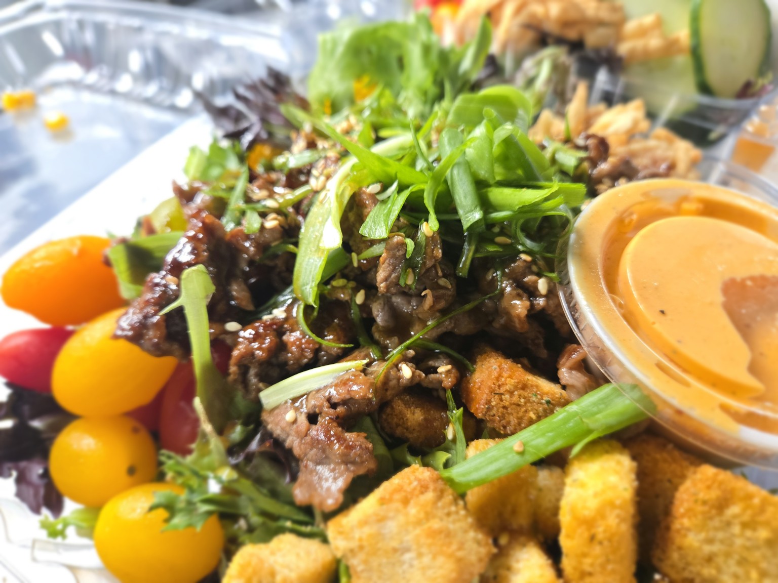 Blazin' Soy fusion salad with glazed beef and colorful vegetables