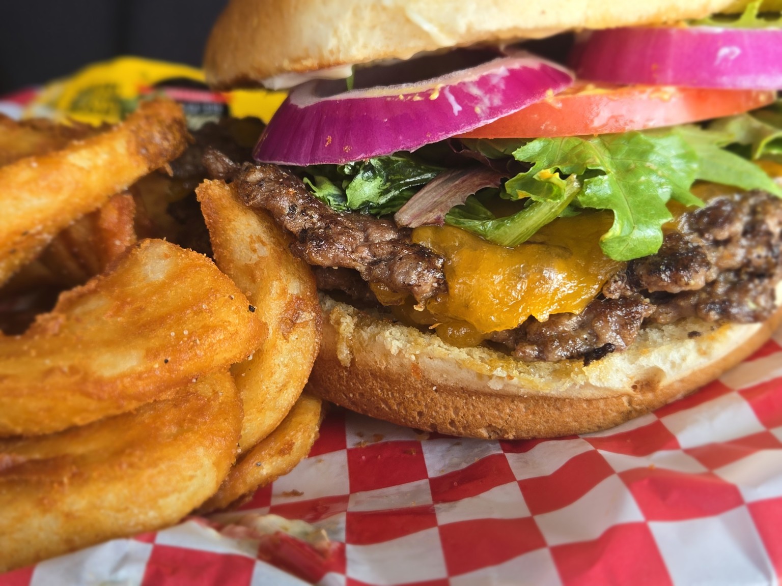 Stacked smash burger with fries