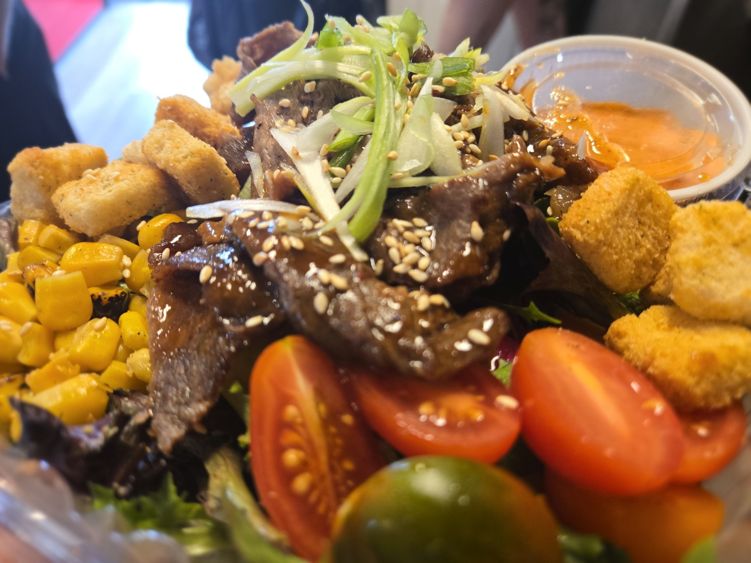 Blazin' Soy steak salad with roasted corn and tomatoes